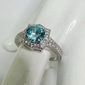 Bomb Party Ring 925 Silver Aquamarine CZ Halo Size 9 NWT